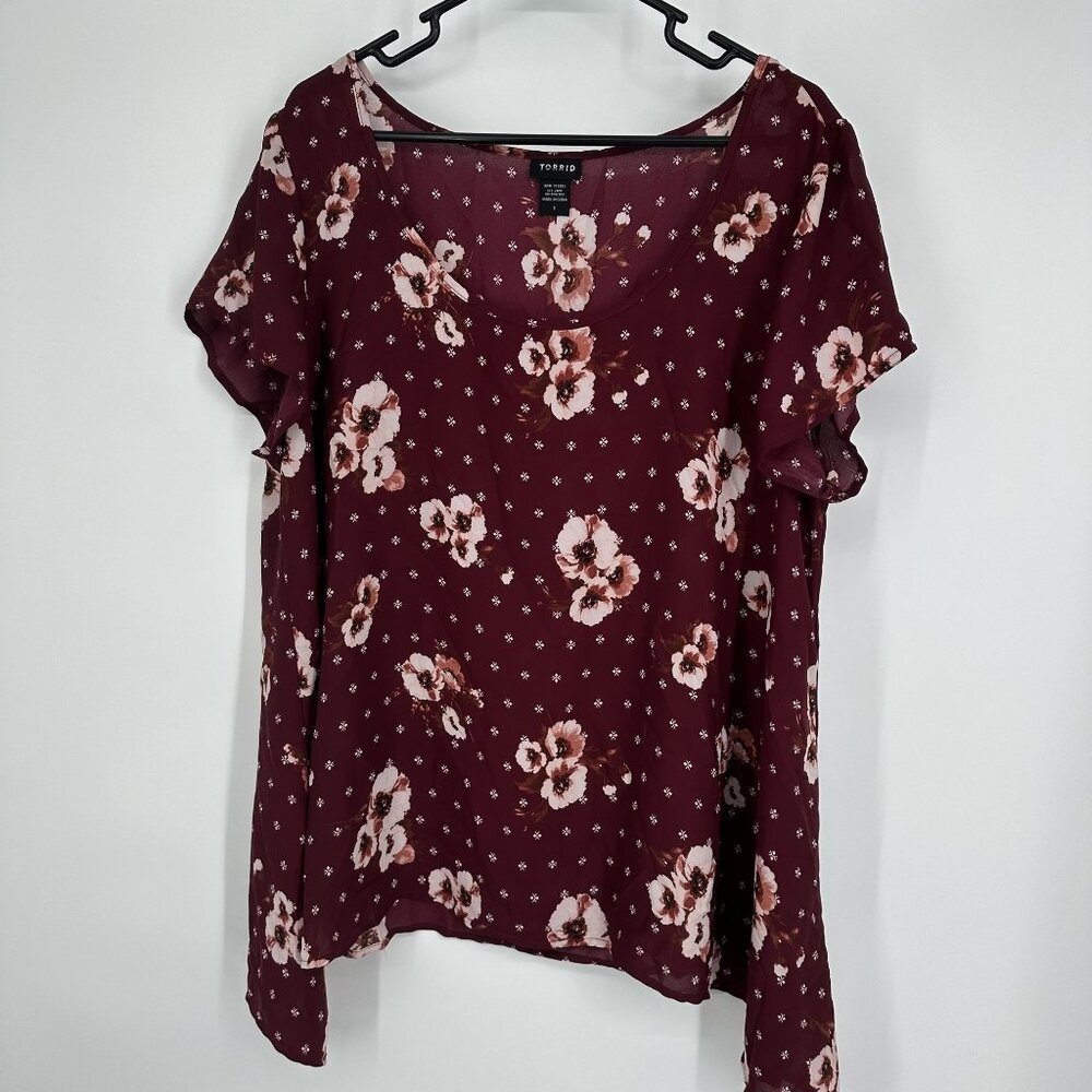 Torrid Women's Blouse Burgundy Floral Print‎ Semi Sheer Size 1X